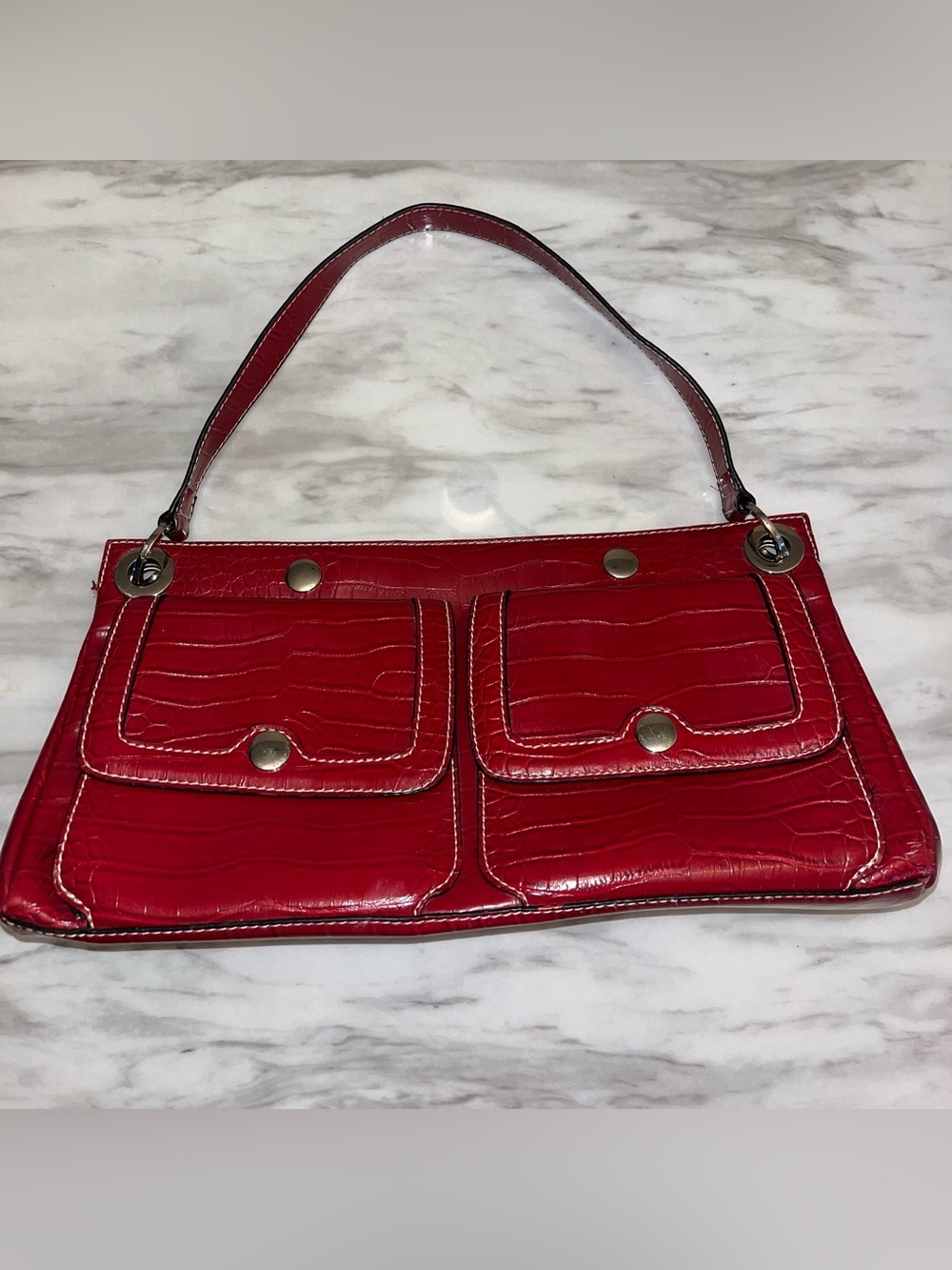 Red Croc Embossed Shoulder Bag Y2K Pocket Baguette Purse Faux Leather